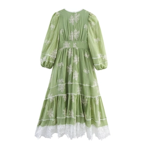 Elegant green long sleeve dress with floral embroidery and white lace detailing back view