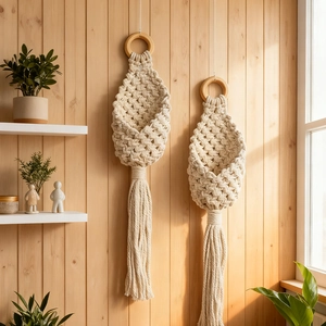 Pair of bohemian handmade cotton rope hanging baskets with tassels and wooden rings for decor