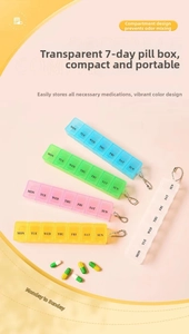 Close-up of 5-pack transparent 7-day pill boxes with secure snap lids and daily labels