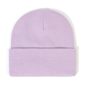 Close-up of lavender knit beanie showing detailed ribbed texture and soft fabric weave