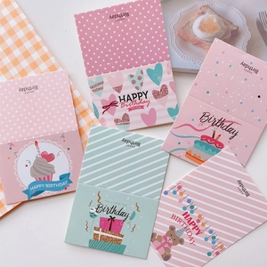 Detailed view of five assorted colorful birthday cards with festive English greetings