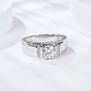 Elegant men's S925 silver moissanite ring featuring a large round center stone and side accents