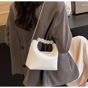Close-up of white lychee pattern bag with silver chain strap and clear pearl handle