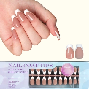 Classic French tip press-on nails set in soft gel nude pink and white finish