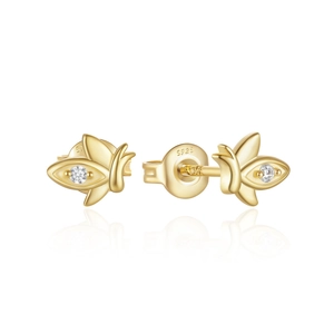 Detail of gold S925 sterling silver earrings with leaf wings and sparkling zircon stone
