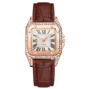 Fashion women's square quartz watch with crystal bezel and brown leather strap