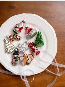 Festive Christmas glass ornaments collection with Santa and snowman on a white plate