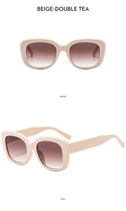 Front and side view of square beige sunglasses with gradient tea lenses for women