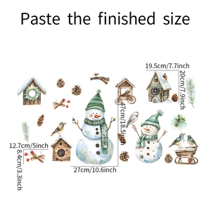 Detailed view of Christmas snowman and pinecone wall sticker set with dimension markers