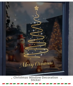 Golden Christmas tree window sticker with Merry Christmas text for festive holiday decor