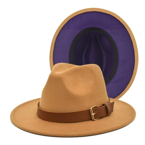 Detail view of khaki wool fedora hat with contrast purple brim and leather band belt