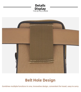 Detail showing the belt loop design and khaki canvas texture of the men's waist bag