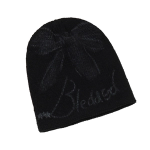 Fashionable black vintage knitted beanie hat with bow and Blessed letter embroidery design