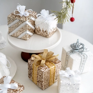 Champagne and white Christmas gift box ornaments with glitter finish for holiday decor