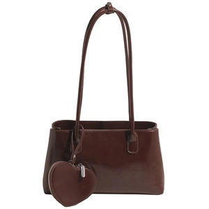 Vintage chocolate brown Boston tote bag with a heart-shaped charm and long straps