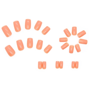 Glossy nude pink press-on nails in various sizes shown on a clean white background