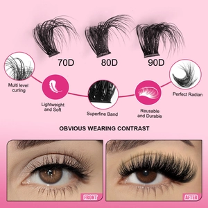 DIY cluster lashes with mixed 70D/80D/90D curl density and ultra-fine band infographic