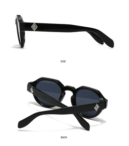 Seiten- und Rückansicht der Retro-Sonnenbrille in Schwarz mit silbernen Details