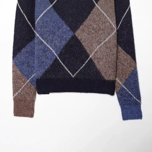 Classic argyle knit sweater in navy and earthy tones with soft brushed wool texture