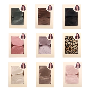 Collage of silk hair rollers in various colors and patterns showing packaging details