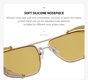 Detail showing adjustable soft silicone nose pads on gold metal punk sunglasses