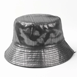 Silver metallic bucket hat with vertical pleated texture and side black woven label detail