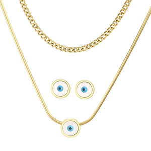Golden Evil Eye jewelry set with layered Cuban chain necklace and matching stud earrings