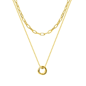 Collier double rang en acier plaqué or 18 carats avec chaîne trombone et anneaux entrelacés