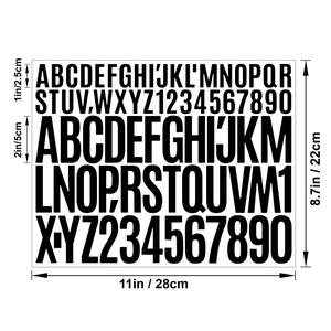 Detailed size chart for black vinyl alphabet stickers in 1 inch and 2 inch heights