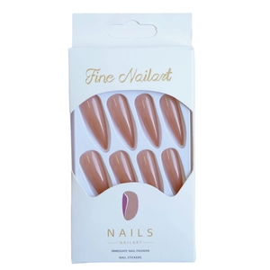Artistic long almond nude pink press-on nails with fine nail art design 24pcs box