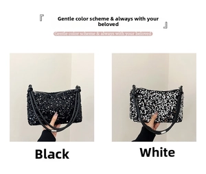 Detail of sequined baguette shoulder bags in black and white with slim knot straps