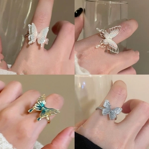 Butterfly Open Adjustable Rings For Women Elegant Alloy Zircon Artificial Pearl Liquid Metal Fairy Jewelry