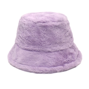 Detailed macro view of the soft faux rabbit fur texture on a light purple bucket hat