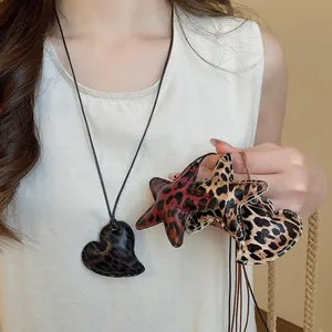 Handmade leopard print heart and star pendant necklace on leather cord for women