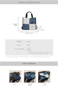 Tableau des tailles détaillé pour cabas en denim avec dimensions 35x31x13cm et infos
