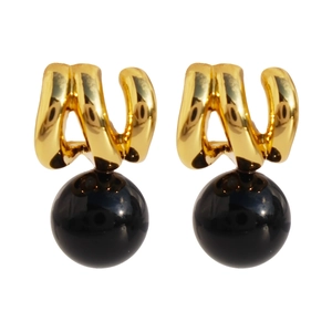 Vintage black onyx gold wave earrings with elegant geometric metal design for women