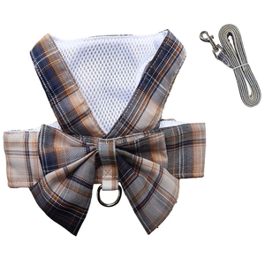 Detail of plaid pet harness with breathable mesh lining and matching leash set