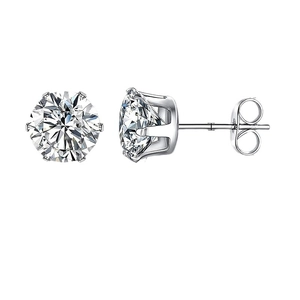 Classic six-prong titanium steel zircon stud earrings with silver-tone finish and butterfly backs