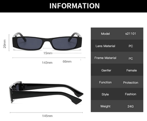 Detailed size chart for retro rectangular sunglasses showing frame width and lens height