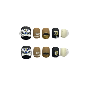 3D Lion Dance handmade press-on nails with traditional Chinese art and gold relief details