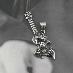 Hip hop titanium steel necklace featuring a vintage silver skeleton playing guitar pendant