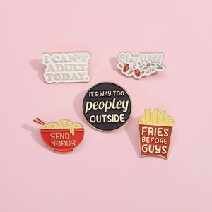 5-piece cute enamel pin set with food, flower, and funny quote designs on pink background