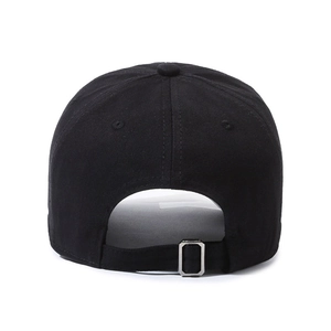 Rear view of a black baseball cap with an adjustable silver metal buckle on the back