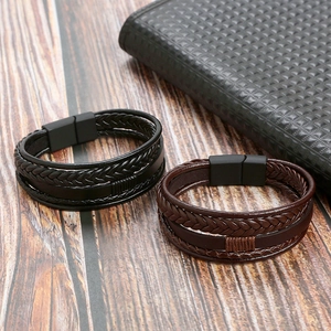 Handmade multi-layer braided leather bracelets in black and brown with magnetic clasp