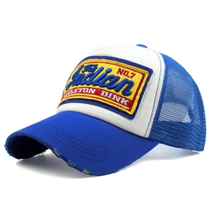 Blue and white mesh baseball cap with vintage Indian No. 7 embroidery and distressed brim