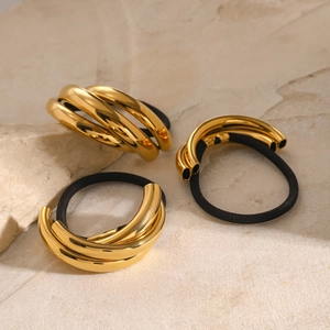 Minimalist stainless steel hair rings with gold multi-loop metal and black elastic bands
