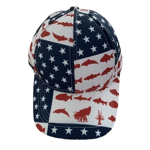 American flag style baseball cap with stars and red fish print for outdoor sun protection