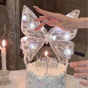 Large Embroidered Butterfly Cake Topper LED Light Up Lace Artificial Pearl Fairy Ornament For Birthday Party Valentine's Day Decor