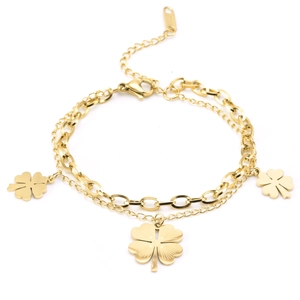 Bracciale A Doppio Strato In Acciaio Inossidabile Dorato Donna Con Pendenti Quadrifoglio Gioielli Moda Hip Hop