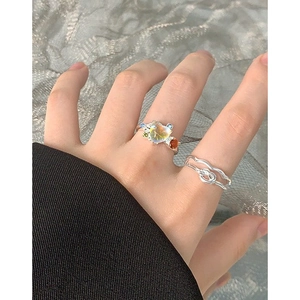 S925 sterling silver ring set with heart-shaped moonstone and colorful zircon accents
